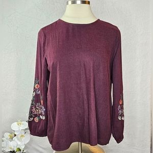 J. Jill Women's Beaded Embroidered Floral Sleeve Top Spiced Wine Sz Large